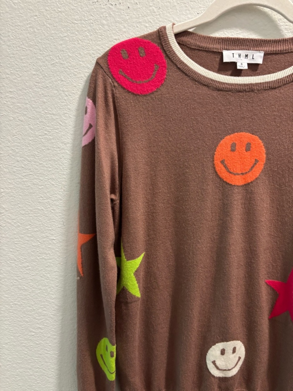 THML Brown Smiley & Star Crewneck Sweater, size S - Picture 3 of 6